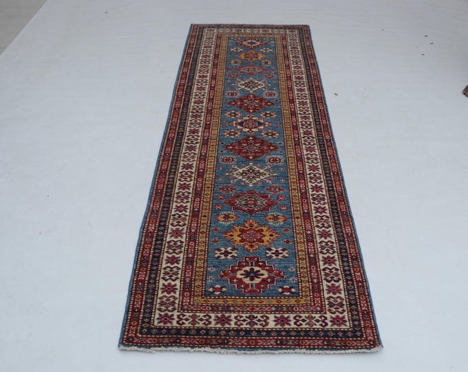 2.7 X 8.0 ft Blue and Beige Geomatrical Handmade Runner, Super Kazak Cotton and Wool