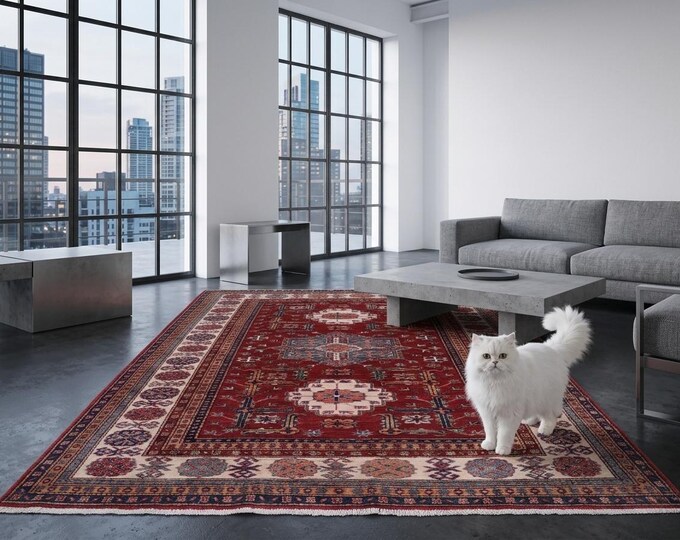 5.5 X 8.0 ft Red and Beige Geomatrical Handmade , Super Kazak Cotton and Wool