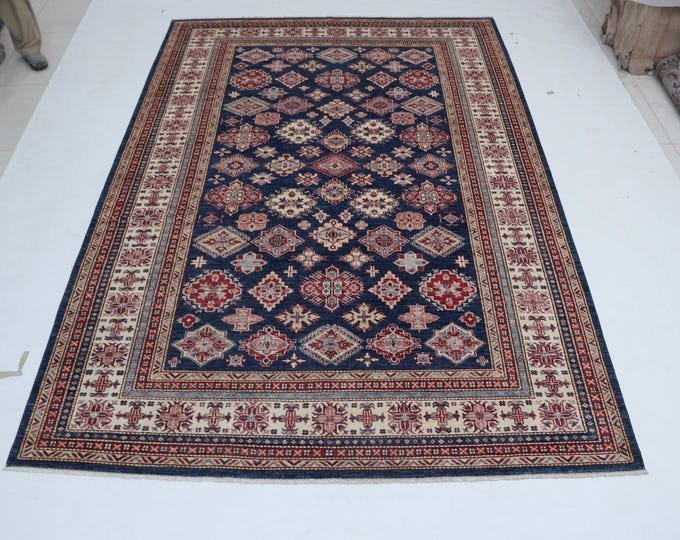 6.9 X 9.10 ft Blue and Beige Geomatrical Handmade, Super Kazak Cotton and Wool