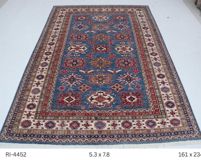 5.3 X 7.8 ft Blue and Beige Geomatrical Handmade , Super Kazak Cotton and Wool