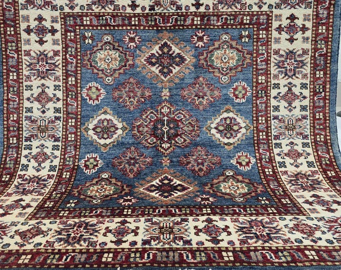 3 X 3 ft Handmade Floral Super Kazak Rug, Blue and Beige , Cotton and Wool