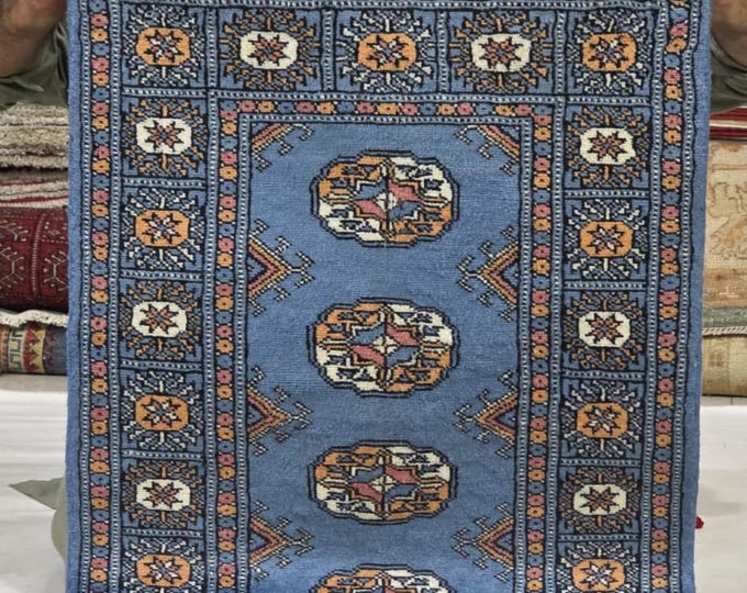 2 X 3 ft Blue Geometrical Handmade, Mori Bokhara Rug Cotton and Wool