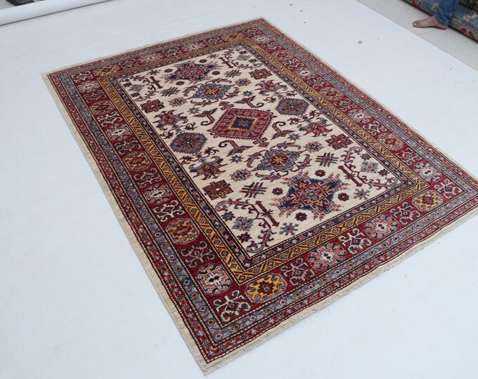 5 X 6 ft Beige and Red Geomatrical Handmade, Super Kazak Cotton and Wool