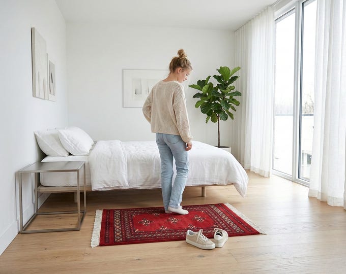 2.1 X 3.1 ft Red Geomatrical Handmade ,Mori Bokhara Cotton and Wool