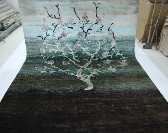 Hand Knotted Afghan Wool Rug – 8x11 Green Pomegranate Tree Design