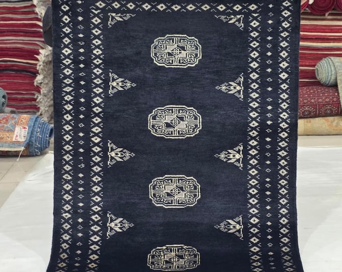 2.5 X 4 ft Black Geometrical Handmade, Mori Bokhara Rug Cotton and Wool