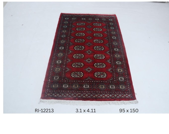 Hand-knotted Mohri Bokhara Cotton and Wool Rug, Geomatrical in Red base and Red border, 3.1 x 4.11 ft