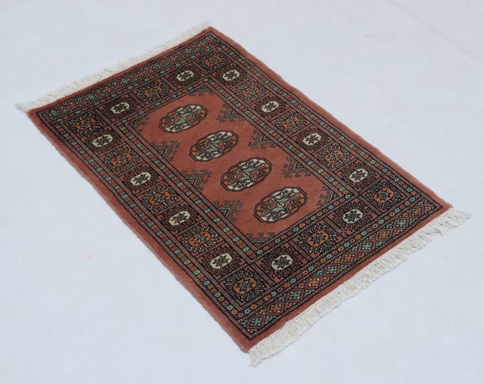 2.1 X 3.0 ft Copper Geomatrical Handmade ,Mori Bokhara Cotton and Wool