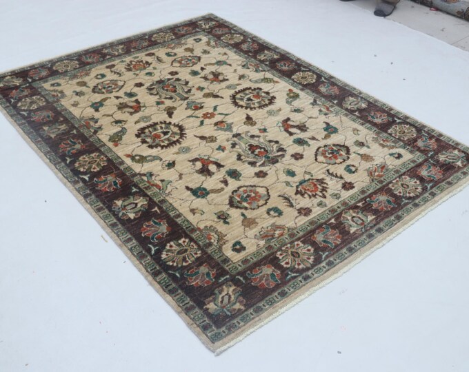Hand-knotted Super Kazak Cotton and Wool Rug, Geomatrical in Beige base and Brown border, 5.0 X 6.5 ft