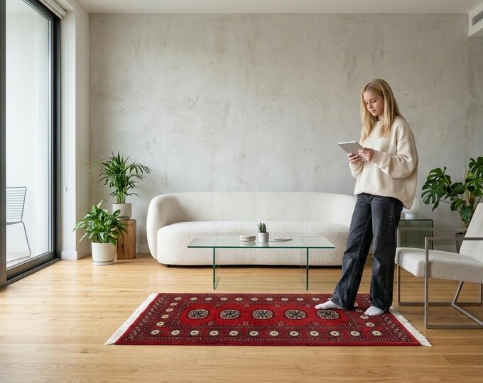 2.8 X 4.2 ft Red Geomatrical Handmade , Mori Bokhara Cotton and Wool