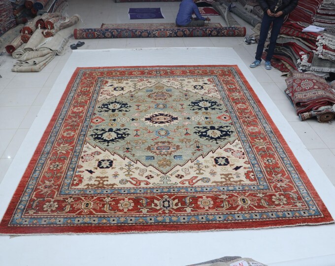 Hand-knotted Oshak Wool Rug Floral  in Beige base and Copper border, 9.3 x 11.11 ft