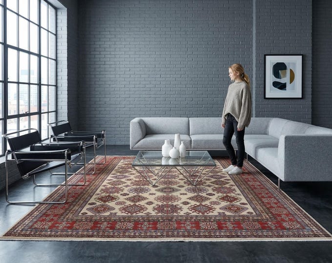 8 X 10 ft Beige and Red Geomatrical Handmade , Super Kazak Cotton and Wool