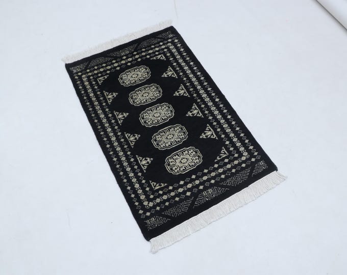 2.0 X 3.2 ft Black Geomatrical Runner Handmade, Mori Bokhara Cotton and Wool