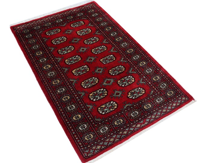 3.1 X 4.10 ft Red Geomatrical Handmade , Mori Bokhara Cotton and Wool