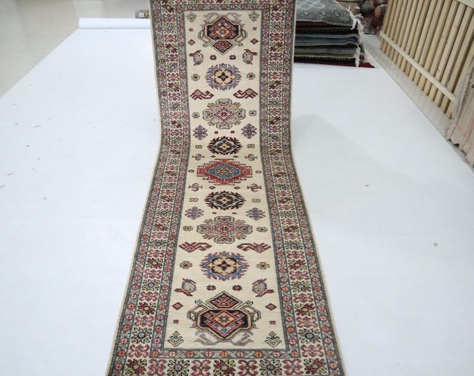 Beige Kazak Runner Rug, 8 ft, Hand-Knotted Afghan Wool