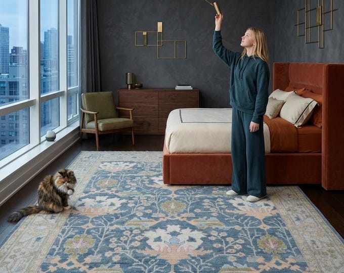 8.2 X 10.0 ft Blue and Gray Floral Handmade ,Oshak Wool