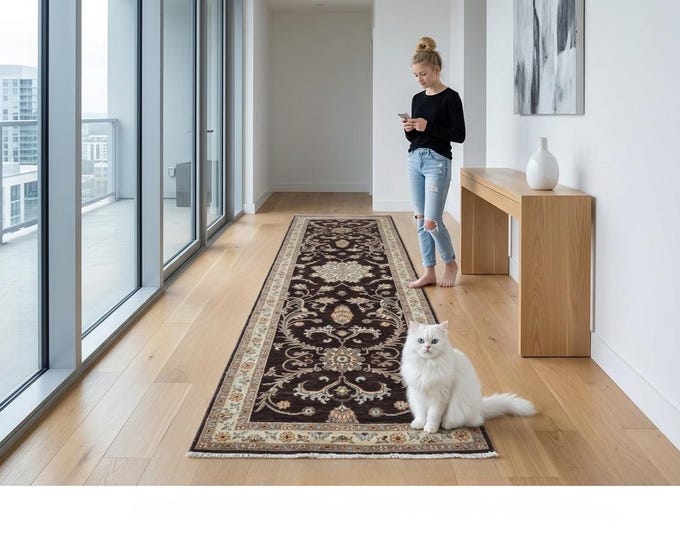 2.8 X 8.10 ft Brown and Beige Floral Handmade Runner ,Heriz Cotton and Wool