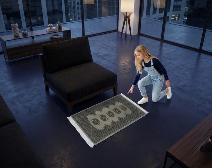 2.1 X 3.3 ft Gray Geomatrical Handmade ,Mori Bokhara Cotton and Wool