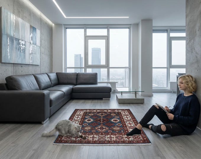 3.5 X 3.3 ft Red and Beige Geomatrical Handmade , Super Kazak Cotton and Wool