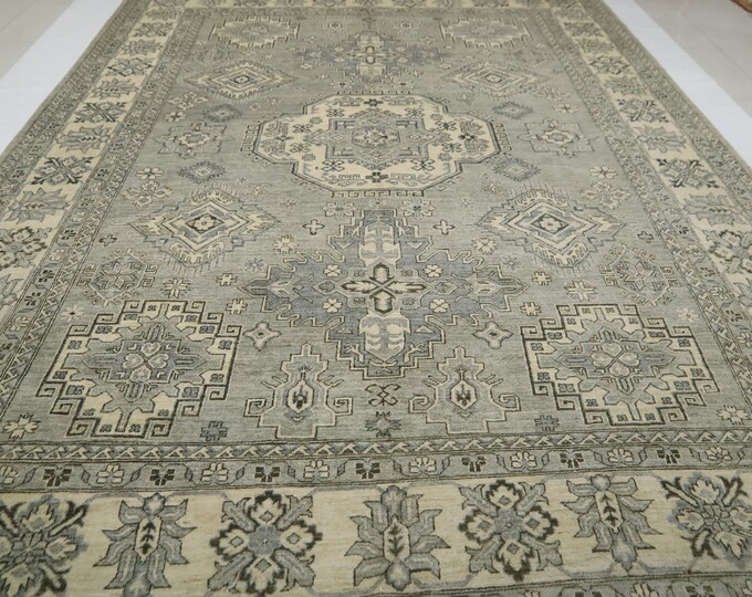 9x13 Gray Chobi Rug – Hand-Knotted Afghan Wool, Geometric Design