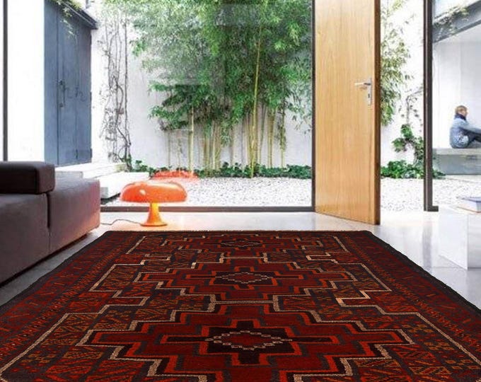 Hand-knotted Baluchi Red and Blue, 3.93 x 6.56 ft