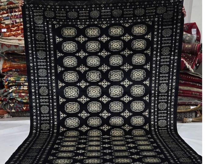 5 X 8 ft Black Geometrical Handmade , Mori Bokhara Cotton and Wool