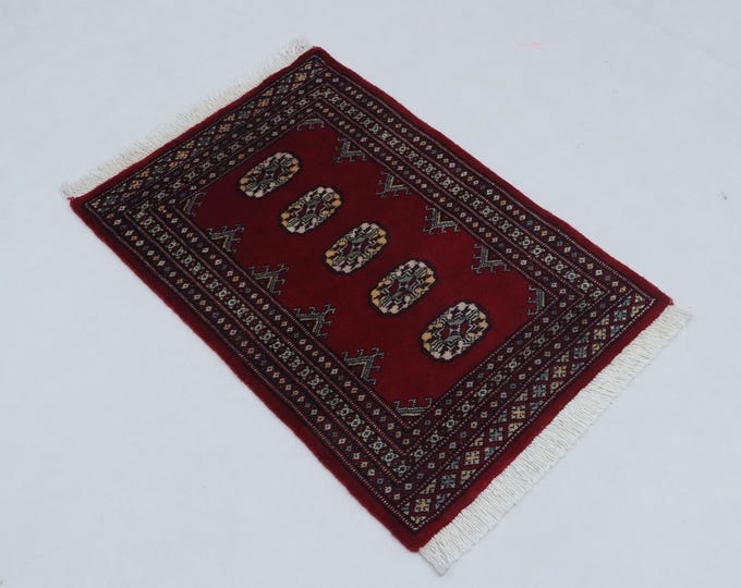 2.1 X 2.11 ft Red Geomatrical Handmade ,Mori Bokhara Cotton and Wool