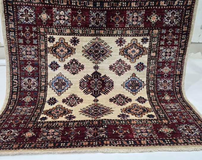 3 X 3 ft Handmade Floral Super Kazak Rug, Beige and Red, Cotton and Wool