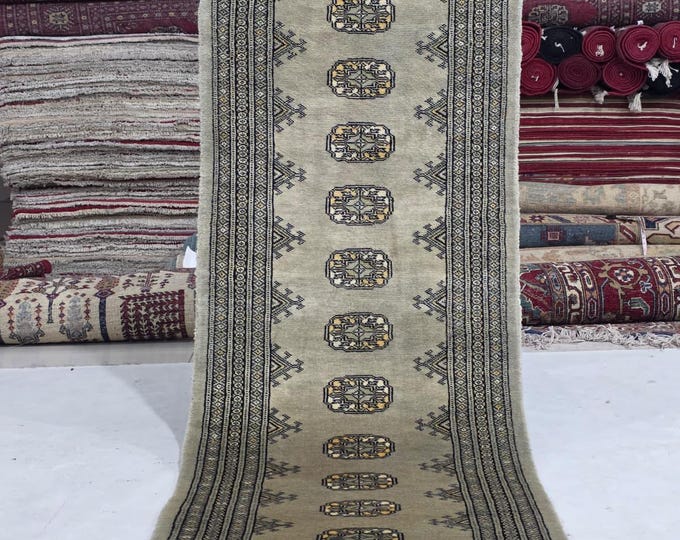 2 X 6 ft Gray Geometrical Handmade Runner, Mori Bokhara Cotton and Wool