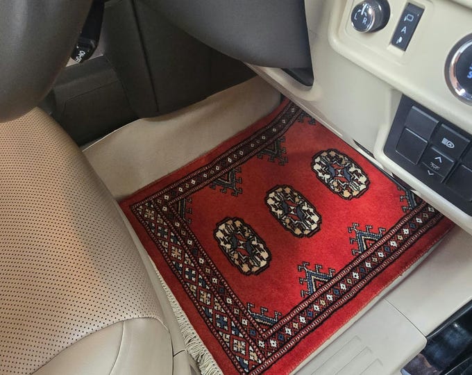 1.5 X 2 ft Geomatric Handmade Car Mats Pair, Orange Wool Car Floor Rugs, Cotton and Wool