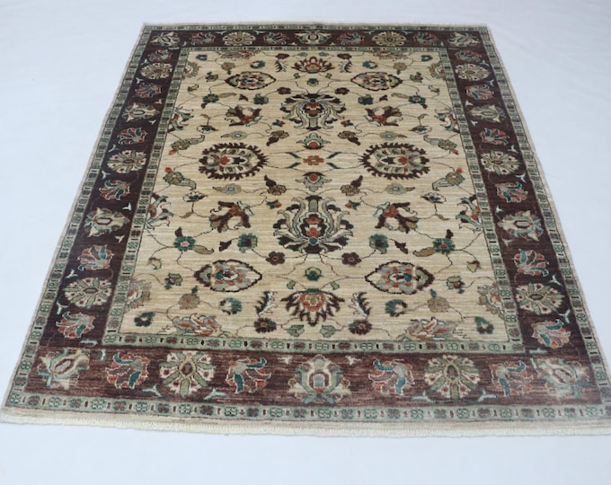 5 X 6 Beige and Brown Floral Handmade, Chobi Cotton and Wool