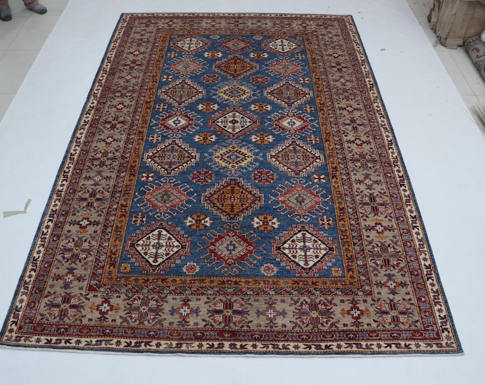 7 X 10 ft Blue and Gray Geomatrical Handmade, Super Kazak Cotton and Wool