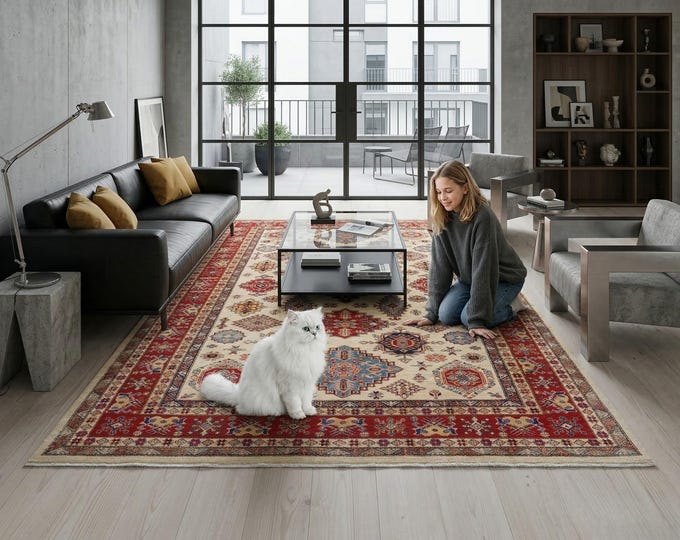 6.7 X 9.10 ft Beige and Red Geomatrical Handmade, Super Kazak Cotton and Wool