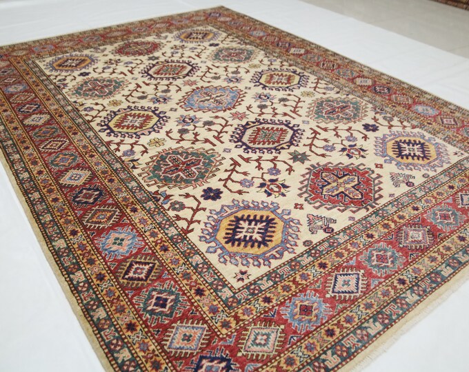 Handmade Beige Kazak Wool Rug – Afghan Traditional 5.8x8.1 Ft