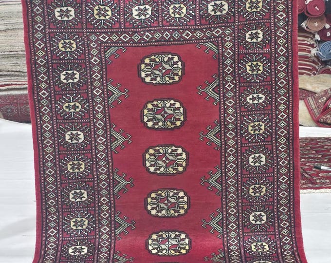 2.5 X 4 ft Red Geometrical Handmade, Mori Bokhara Rug Cotton and Wool