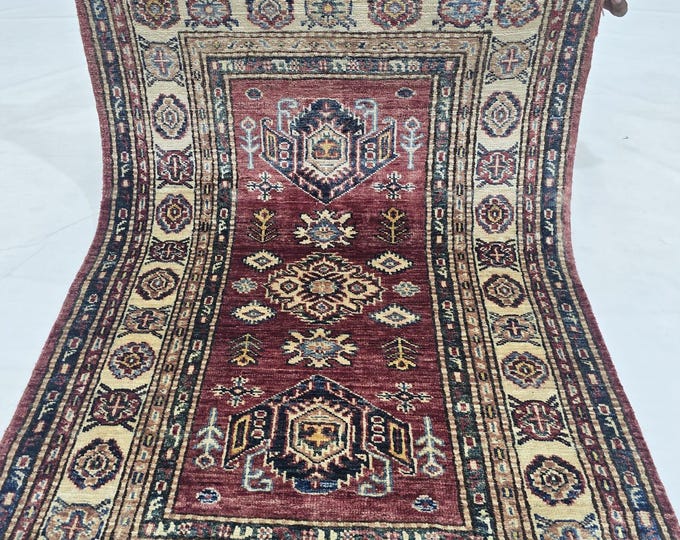 2.5 X 4 ft Handmade Geometrical Super Kazak Rug, Red and Beige, Cotton and Wool