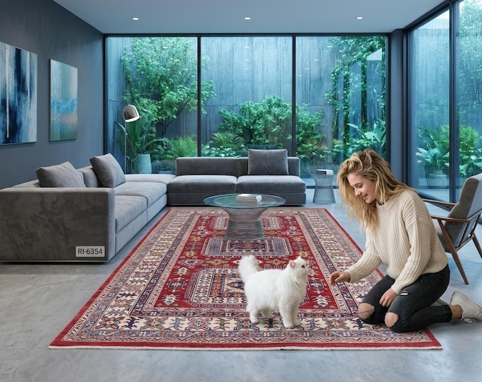 5.5 X 7.10 ft Red and Beige Geomatrical Handmade , Super Kazak Cotton and Wool