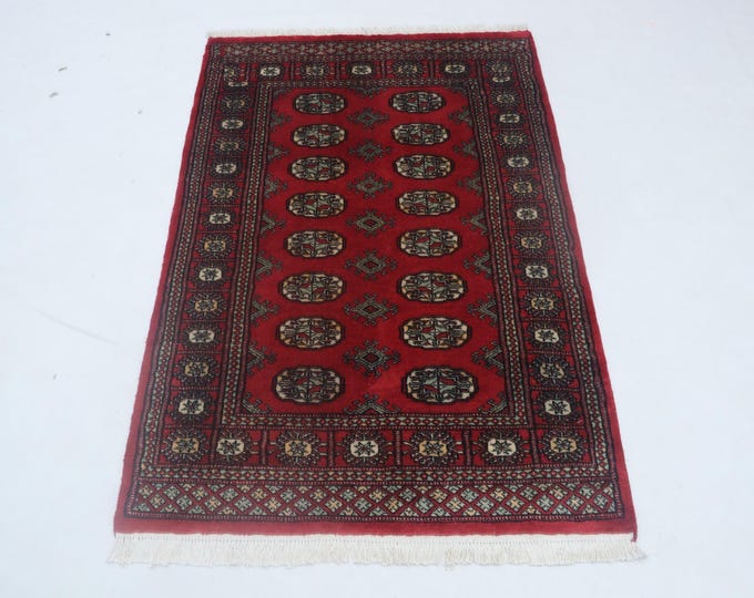 3.0 X 4.7 ft Red Geomatrical Runner Handmade, Mori Bokhara Cotton and Wool