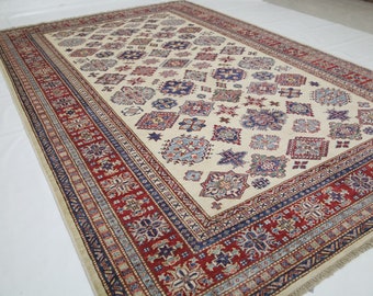 Geometric Kazak Rug 7x10 – Hand Knotted Afghan Wool Rug, Beige