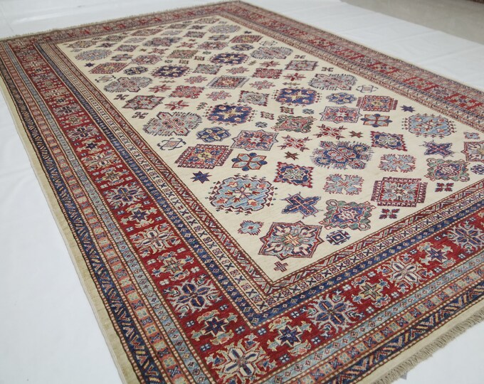 Geometric Kazak Rug 7x10 – Hand Knotted Afghan Wool Rug, Beige