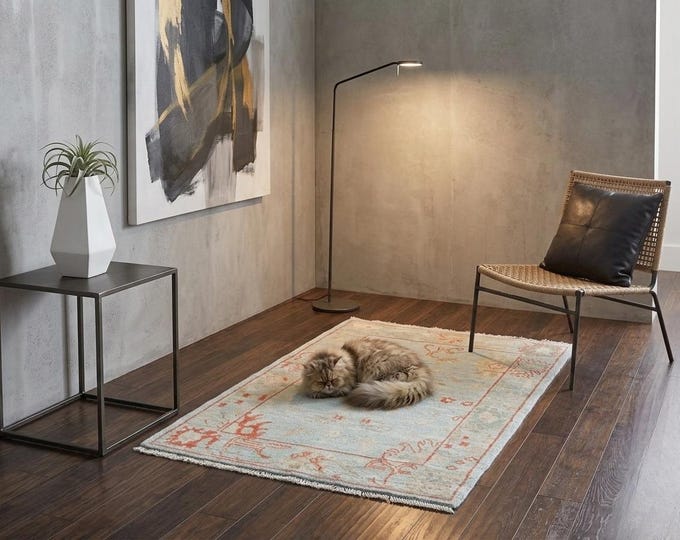 2.2 X 3.1 ft  Blue Floral Handmade ,Heriz Cotton and Wool