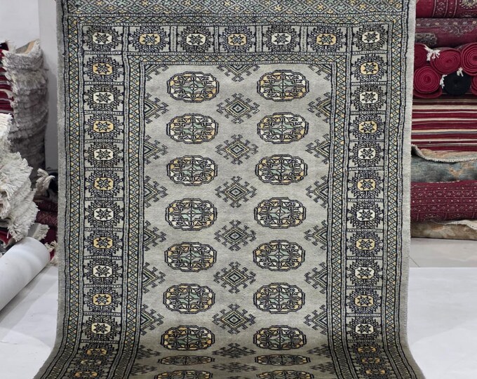 3 X 5 ft Gray Geometrical Handmade, Mori Bokhara Cotton and Wool