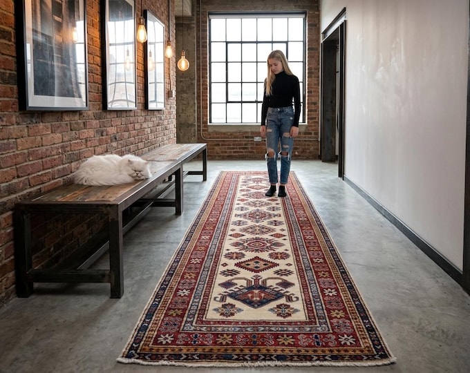 3 X 8 ft Beige and Red Geomatrical Handmade Runner, Super Kazak Cotton and Wool