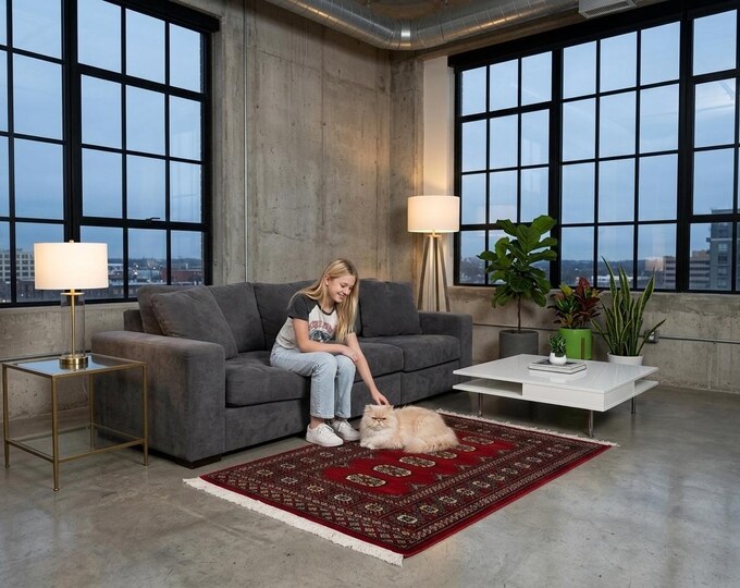 2.8 X 3.11 ft Red Geomatrical Handmade Runner, Mori Bokhara Cotton and Wool