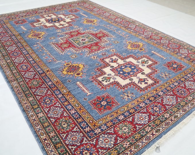 6x8 Ft Handmade Wool Kazak Rug – Blue Red Geometric Afghan Rug