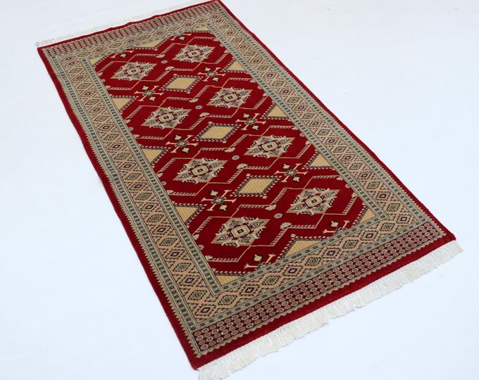 3 X 5 ft Red Geomatrical Handmade, Fine Jaaldar Cotton and Worsted Wool