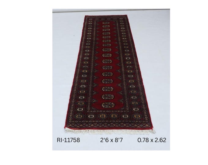 Hand-knotted Mohri Bokhara Cotton and Wool Rug, Geomatrical in Red base and Red border, 2.6 x 8.7 ft