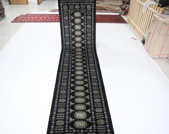 Hand Knotted Mori Bokhara Wool Runner Rug, Black Geometric Tribal Rug (3x10 Ft)