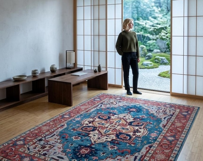 9.1 X 11.10 ft Blue and Copper Floral Handmade ,Oshak Wool