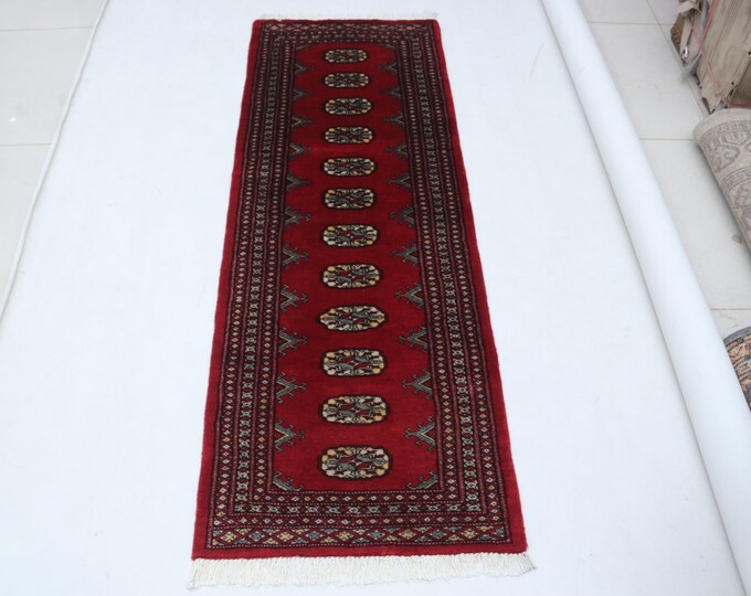 2.0 X 5.9 ft Red Geomatrical Runner Handmade, Mori Bokhara Cotton and Wool
